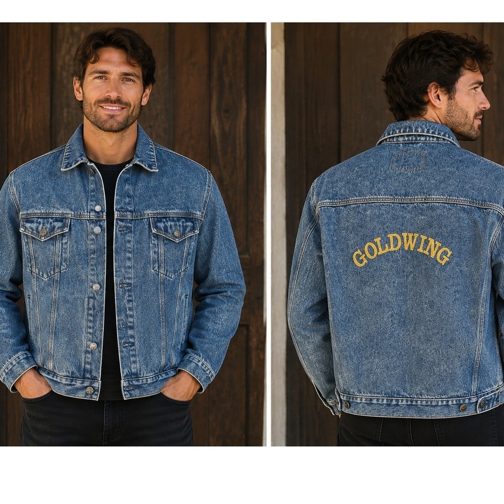 Vtg Port Authority Goldwing Embroidered Denim Trucker Jacket Men's Medium Blue
